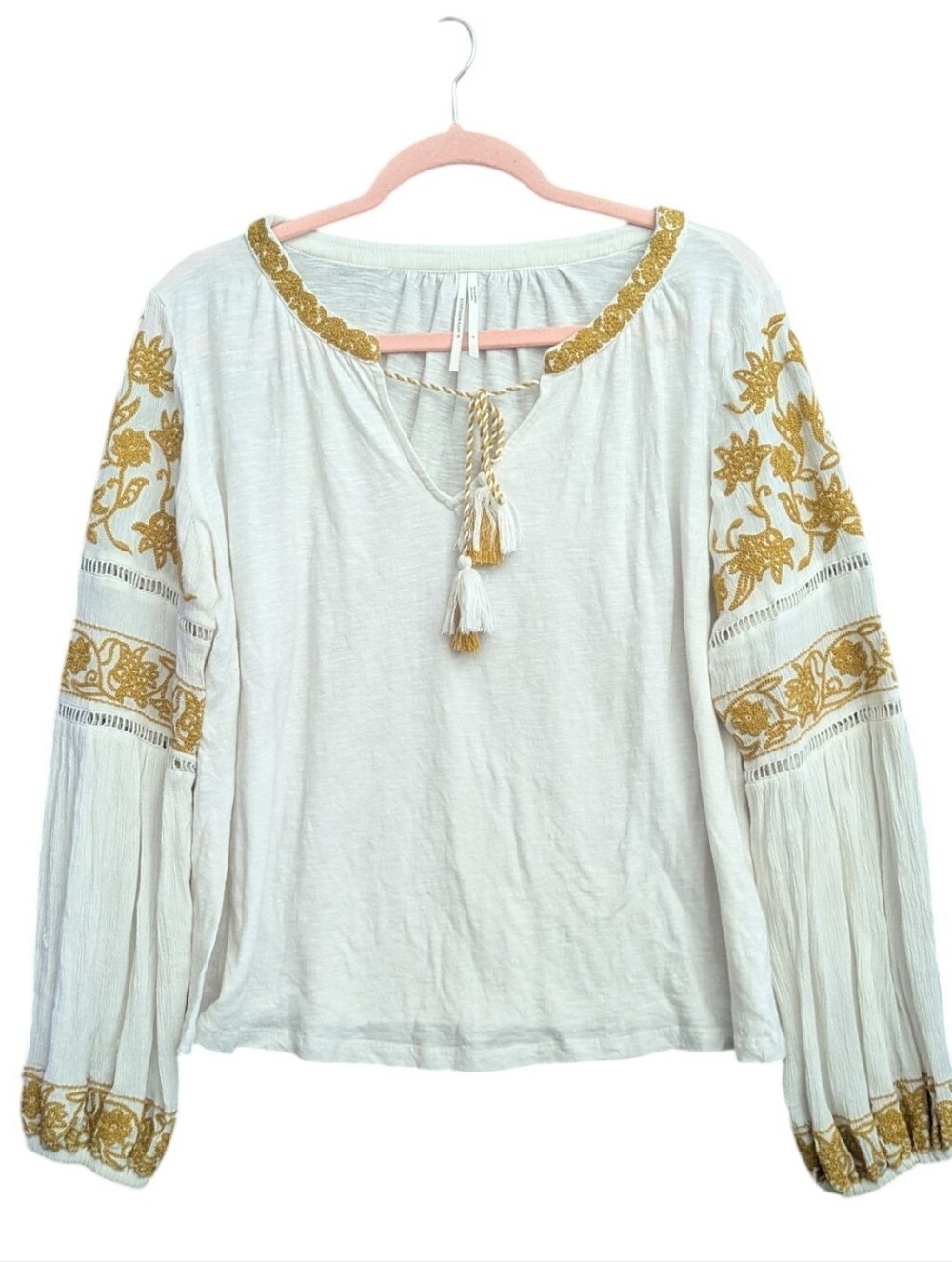 By Anthropologie Aja White Knit Golden Yellow Embroidered Long Sleeve Boho Top